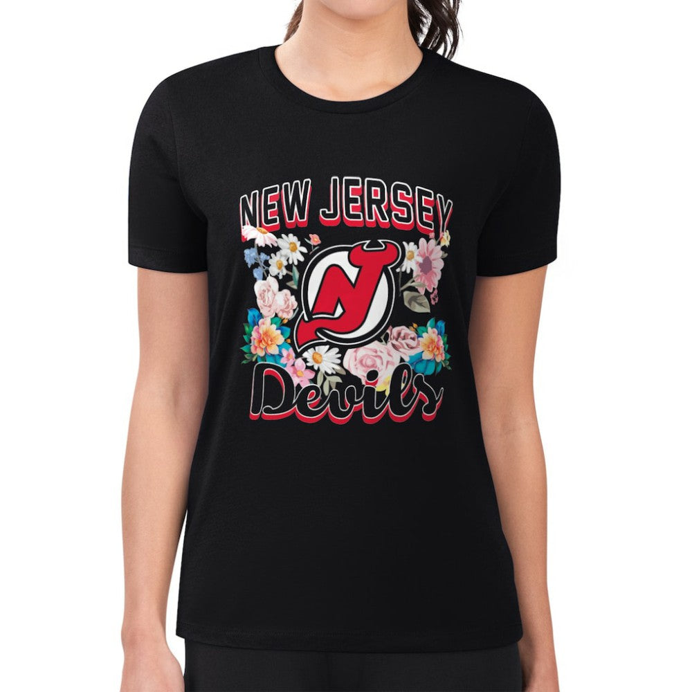 New Jersey Devils G-III 4Her by Carl Banks Women's Super-Slim Fit Lightweight Flower Logo T-Shirt - Black | US 201906235