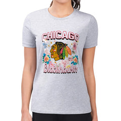 Chicago Blackhawks G-III 4Her by Carl Banks Women's Super-Slim Fit Lightweight Flower Logo T-Shirt - Heather Gray | US 201906245