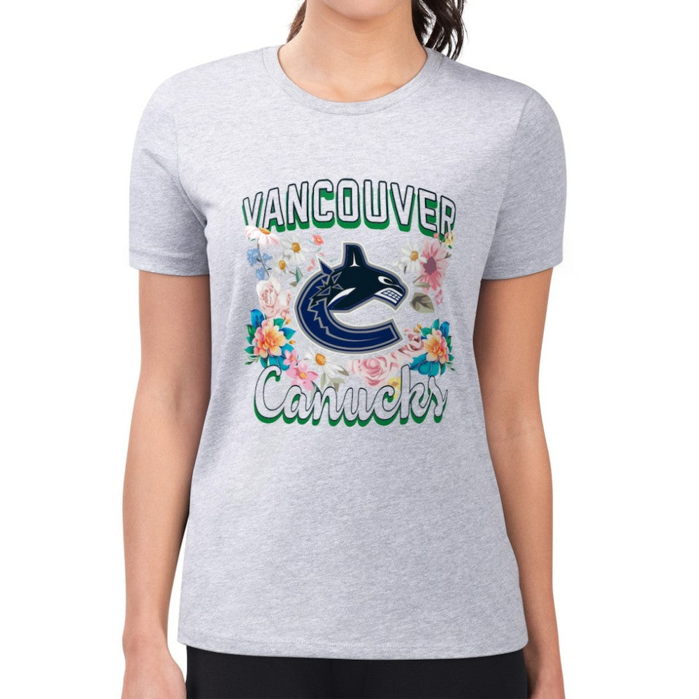 Vancouver Canucks G-III 4Her by Carl Banks Women's Super-Slim Fit Lightweight Flower Logo T-Shirt - Heather Gray | US 201906253