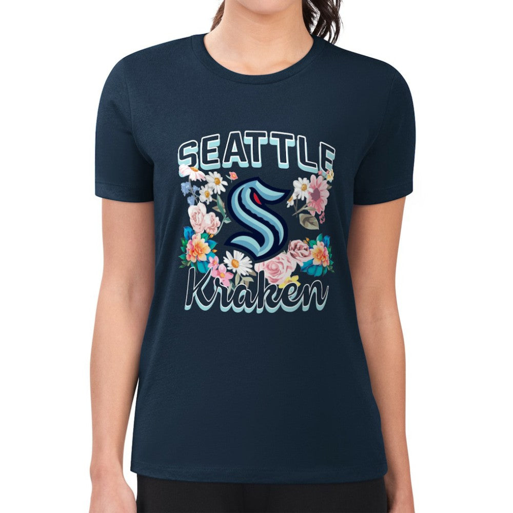 Seattle Kraken G-III 4Her by Carl Banks Women's Super-Slim Fit Lightweight Flower Logo T-Shirt - Navy | US 201906259