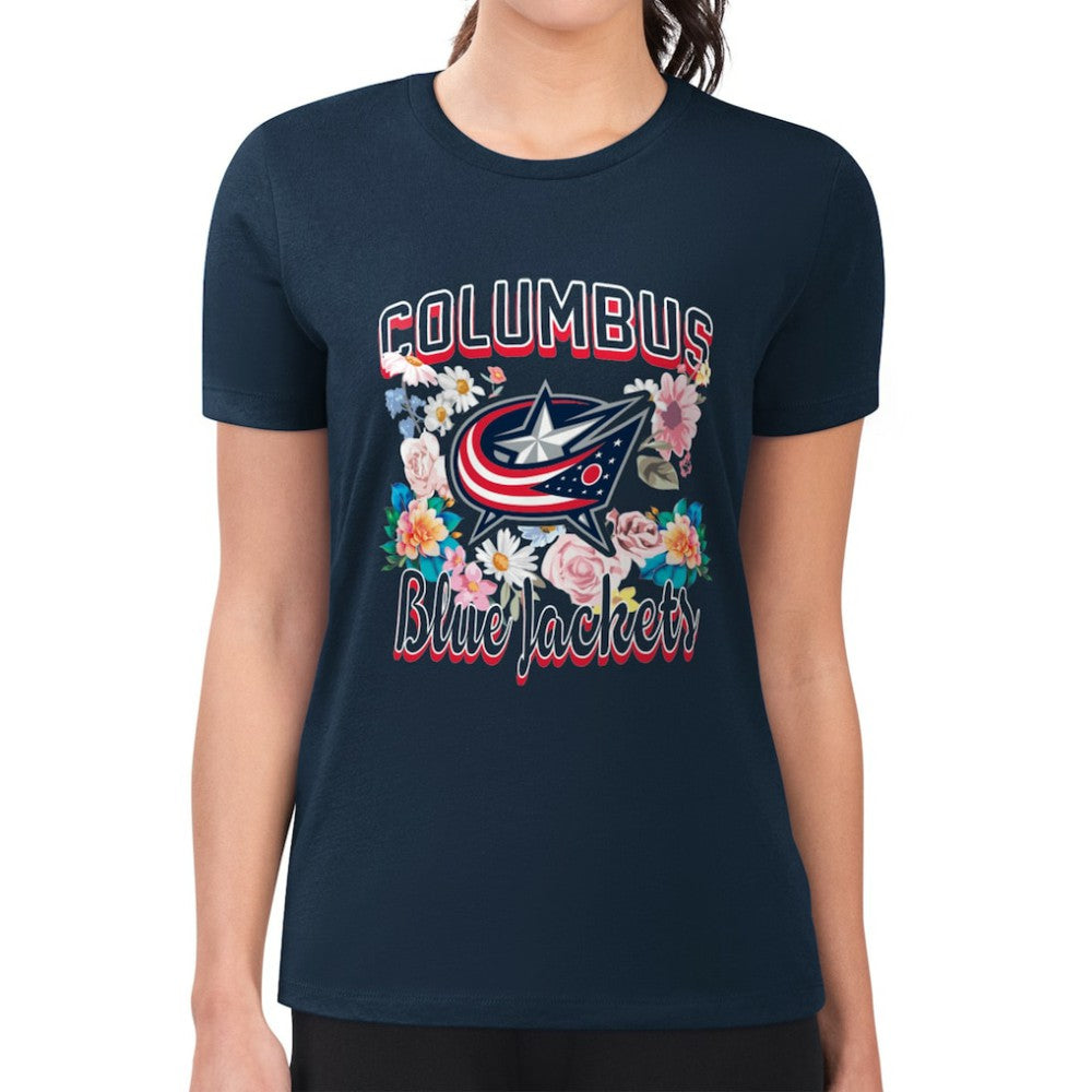 Columbus Blue Jackets G-III 4Her by Carl Banks Women's Super-Slim Fit Lightweight Flower Logo T-Shirt - Navy | US 201906265