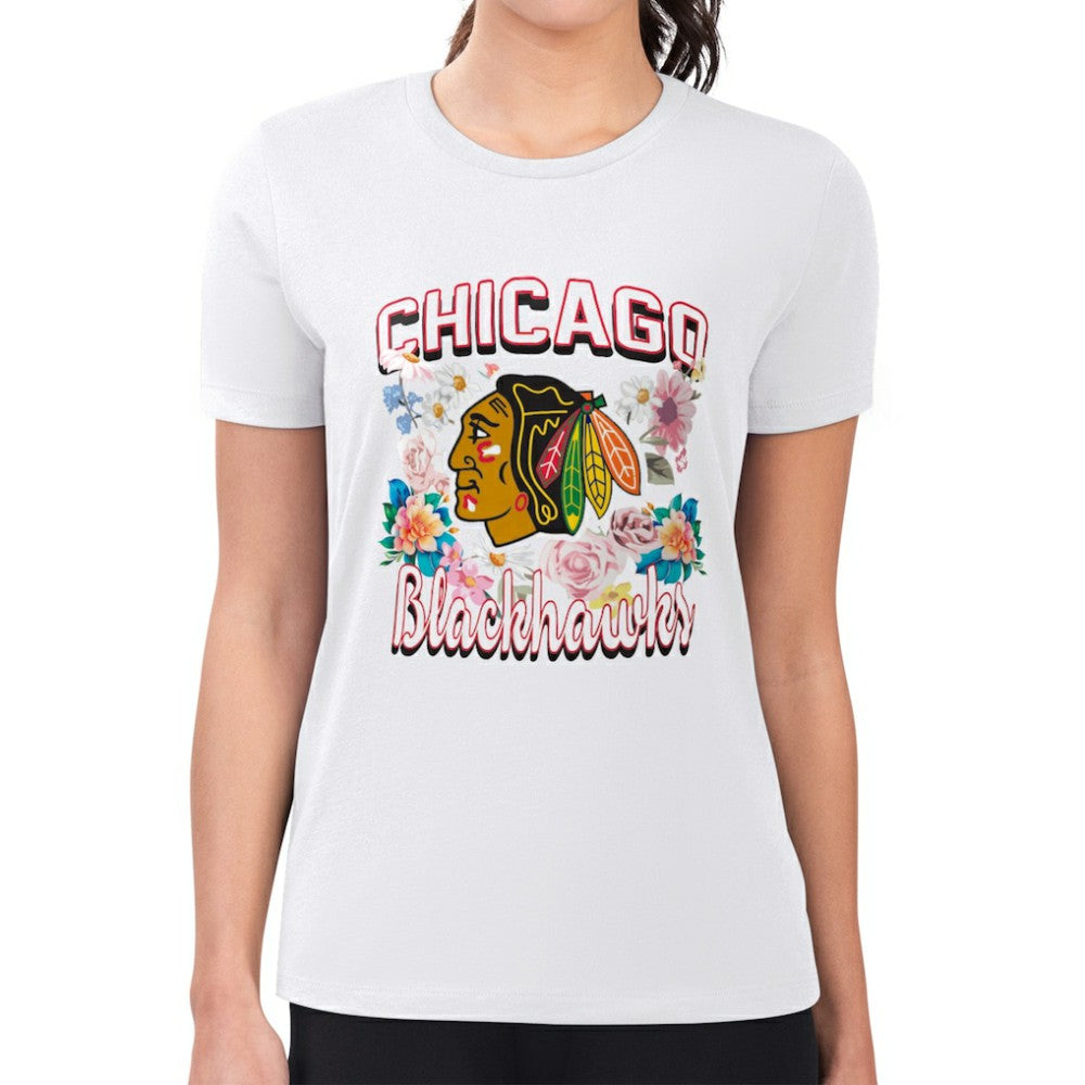 Chicago Blackhawks G-III 4Her by Carl Banks Women's Super-Slim Fit Lightweight Flower Logo T-Shirt - White | US 201906284