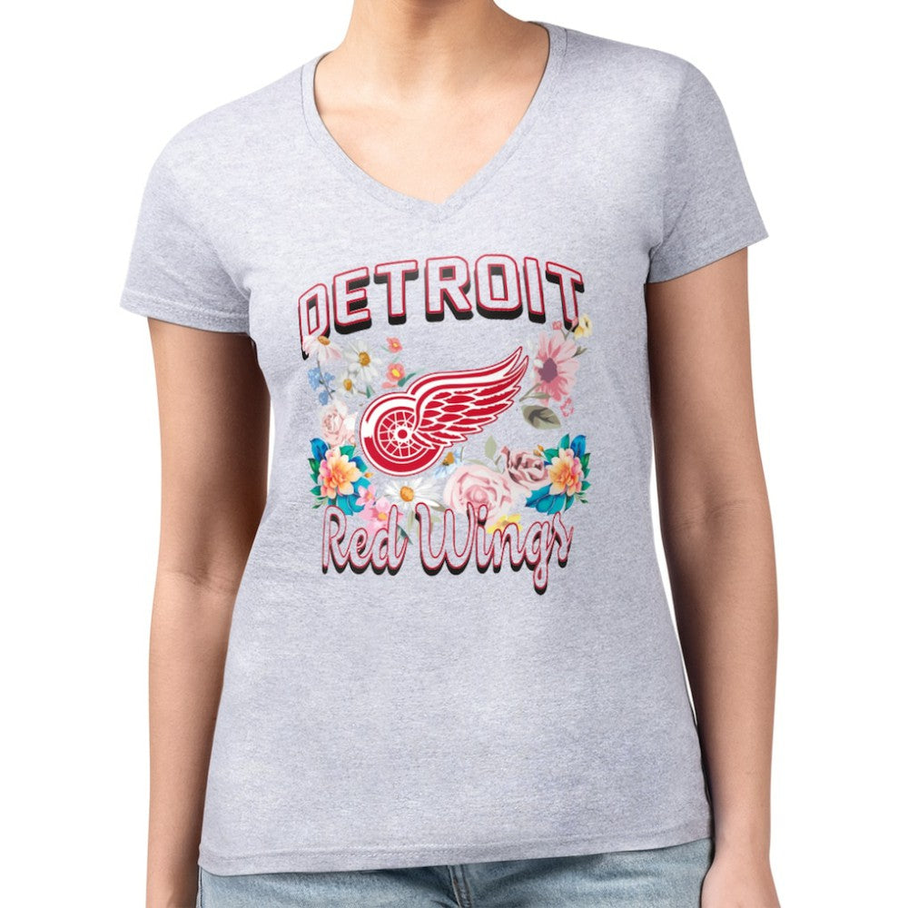 Detroit Red Wings G-III 4Her by Carl Banks Women's Super-Slim Fit Lightweight Flower Logo V-Neck T-Shirt - Heather Gray | US 201906316