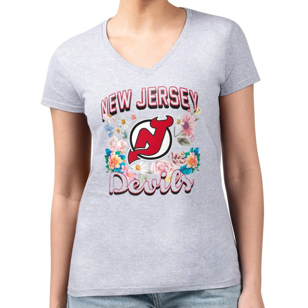 New Jersey Devils G-III 4Her by Carl Banks Women's Super-Slim Fit Lightweight Flower Logo V-Neck T-Shirt - Heather Gray | US 201906322