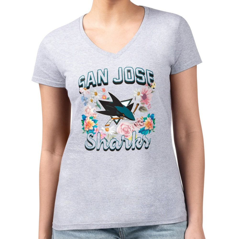 San Jose Sharks G-III 4Her by Carl Banks Women's Super-Slim Fit Lightweight Flower Logo V-Neck T-Shirt - Heather Gray | US 201906328