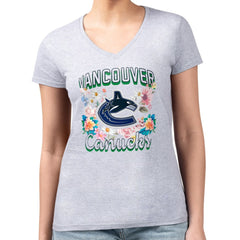 Vancouver Canucks G-III 4Her by Carl Banks Women's Super-Slim Fit Lightweight Flower Logo V-Neck T-Shirt - Heather Gray | US 201906333