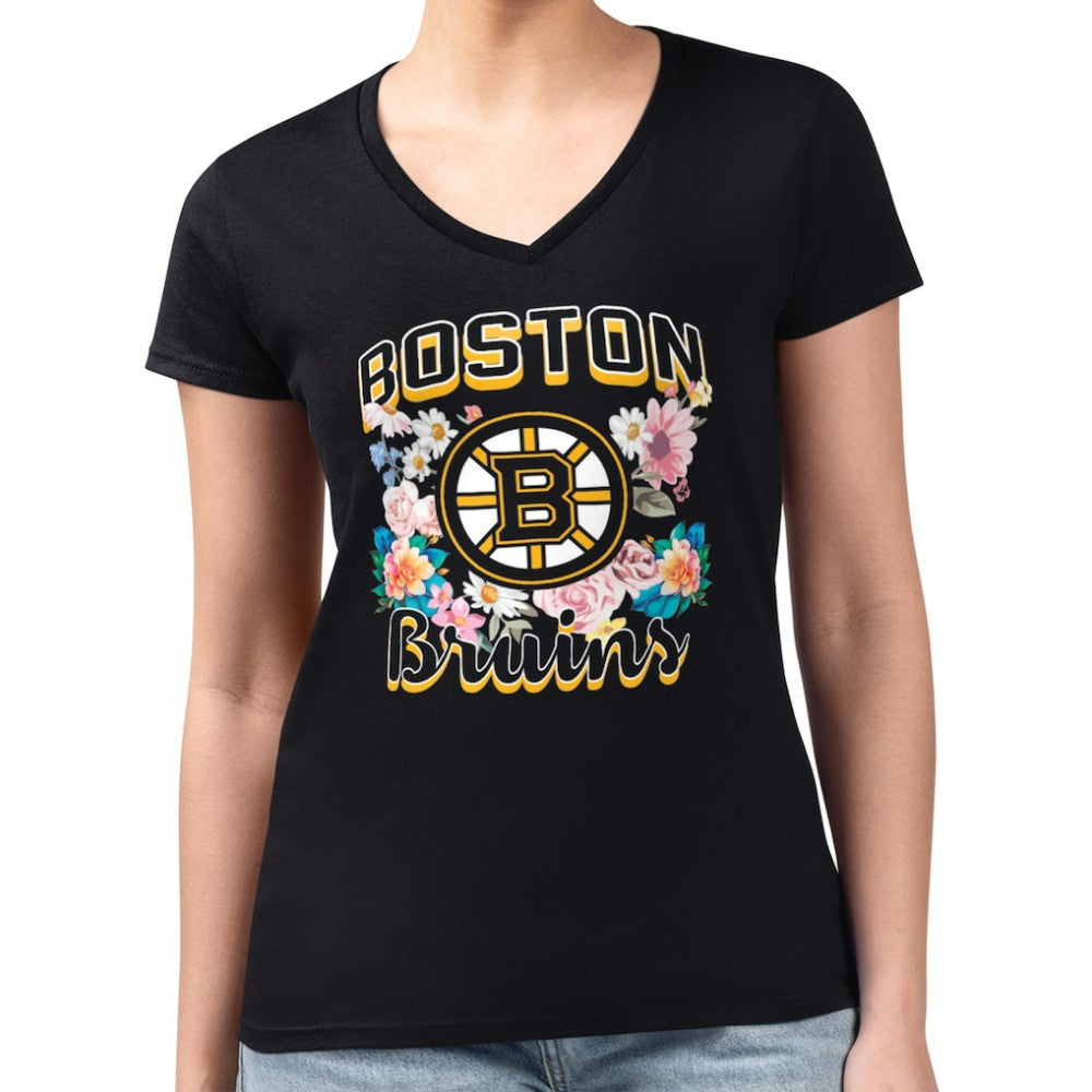 Boston Bruins G-III 4Her by Carl Banks Women's Super-Slim Fit Lightweight Flower Logo V-Neck T-Shirt - Black | US 201906339