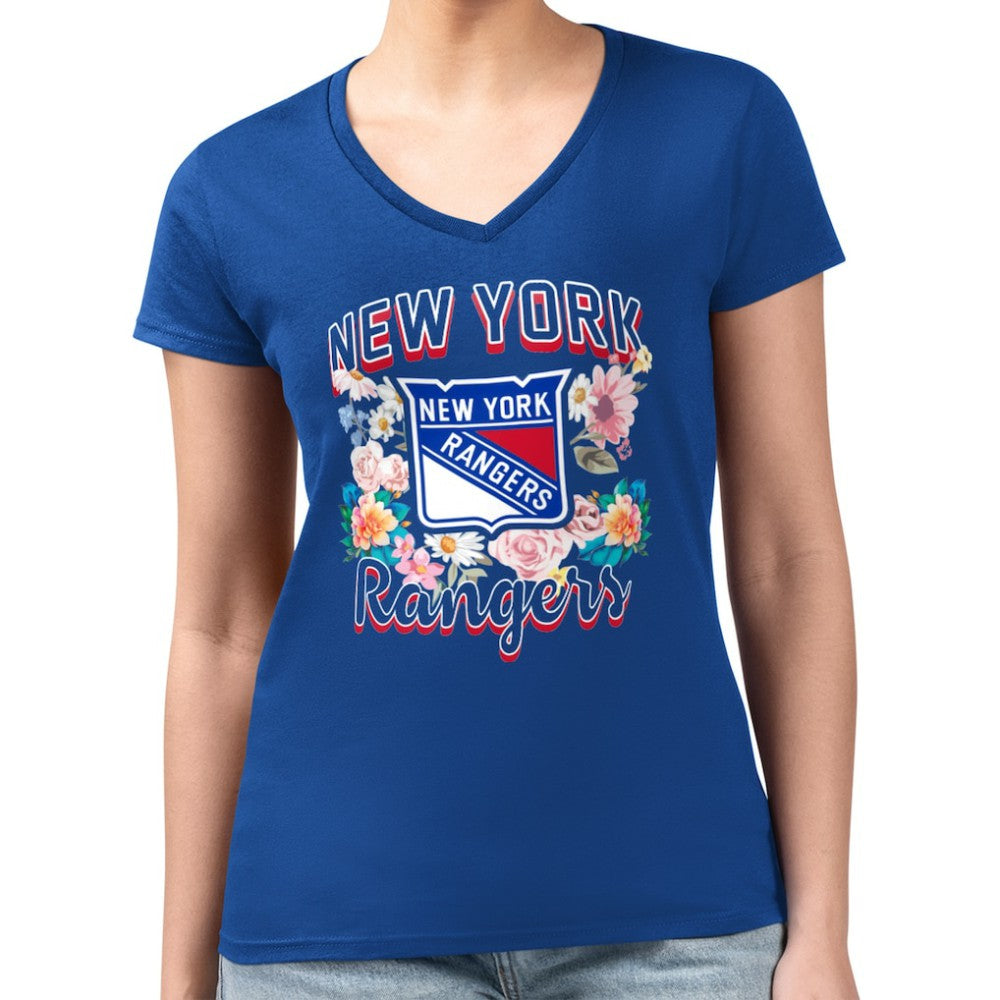 New York Rangers G-III 4Her by Carl Banks Women's Super-Slim Fit Lightweight Flower Logo V-Neck T-Shirt - Blue | US 201906340