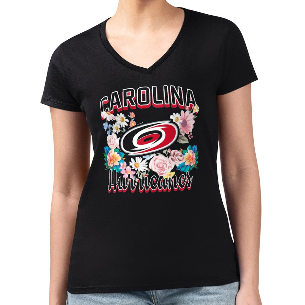 Carolina Hurricanes G-III 4Her by Carl Banks Women's Super-Slim Fit Lightweight Flower Logo V-Neck T-Shirt - Black | US 201906344