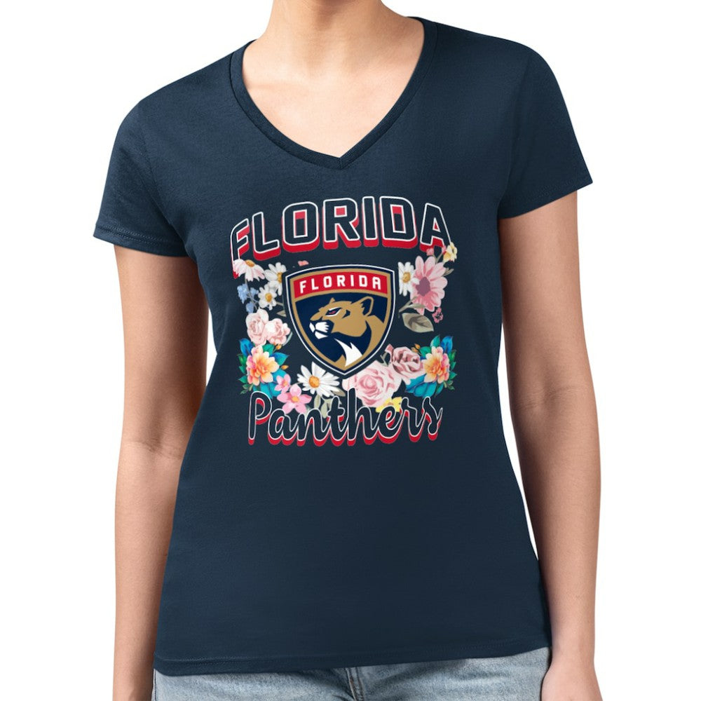 Florida Panthers G-III 4Her by Carl Banks Women's Super-Slim Fit Lightweight Flower Logo V-Neck T-Shirt - Navy | US 201906347
