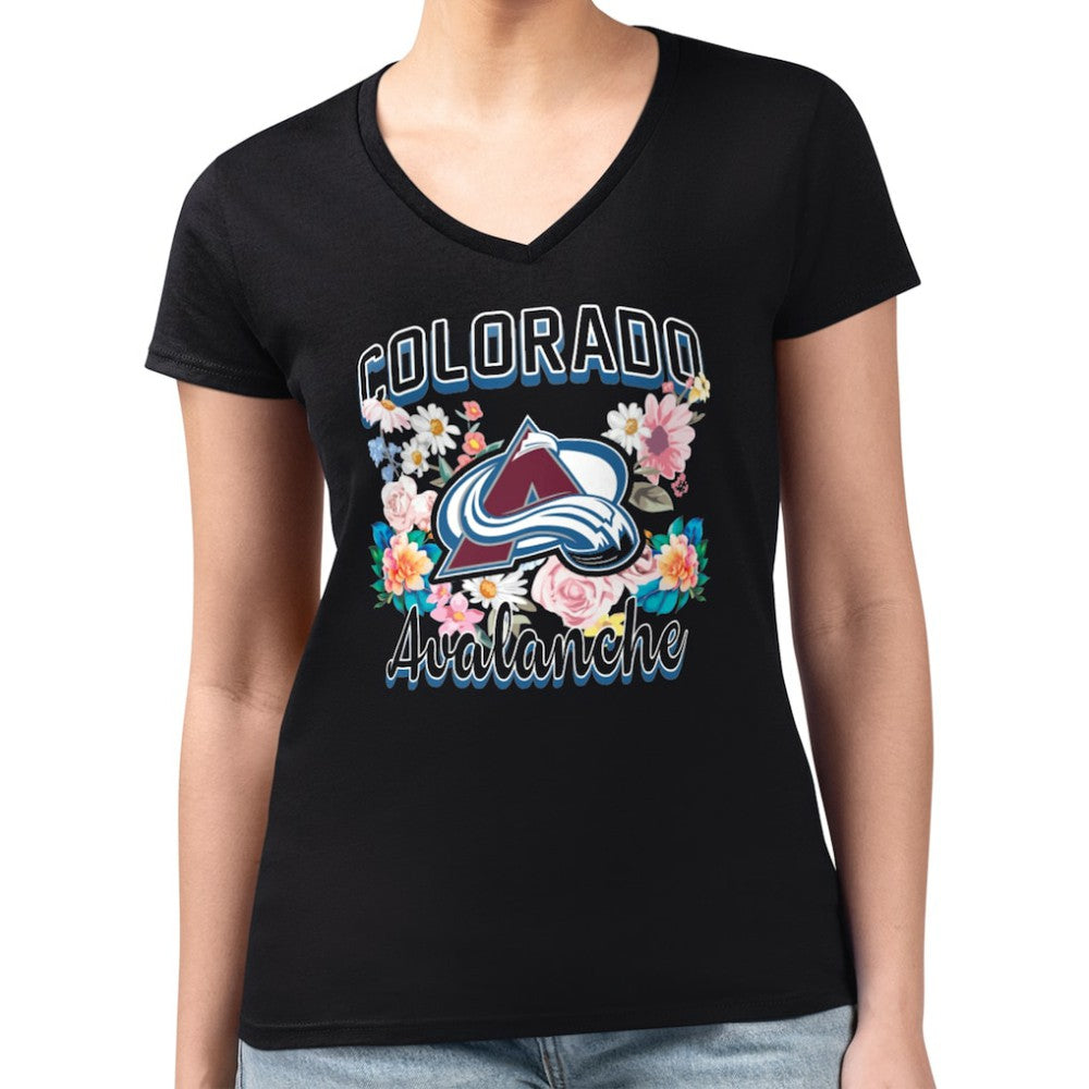 Colorado Avalanche G-III 4Her by Carl Banks Women's Super-Slim Fit Lightweight Flower Logo V-Neck T-Shirt - Black | US 201906348