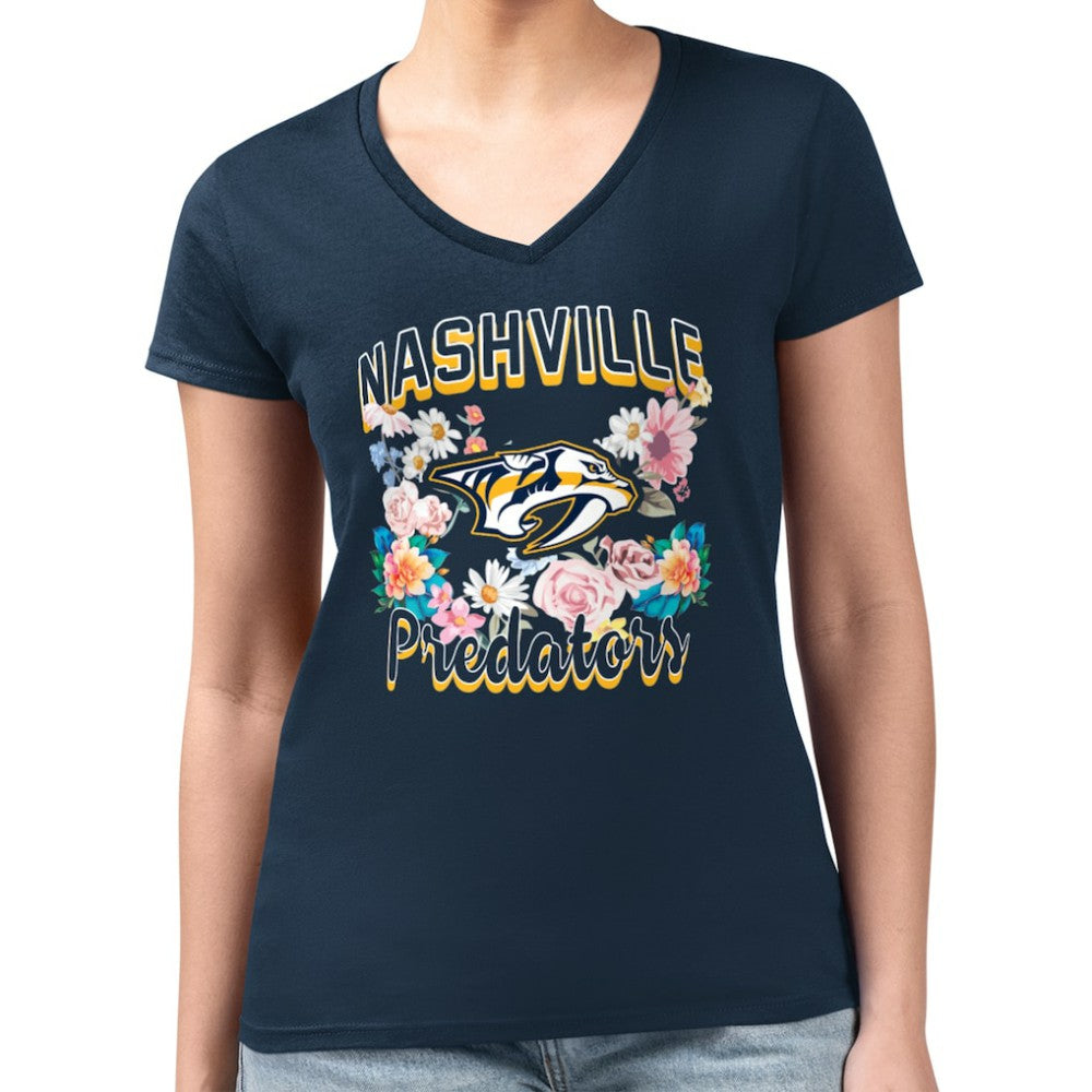 Nashville Predators G-III 4Her by Carl Banks Women's Super-Slim Fit Lightweight Flower Logo V-Neck T-Shirt - Navy | US 201906350