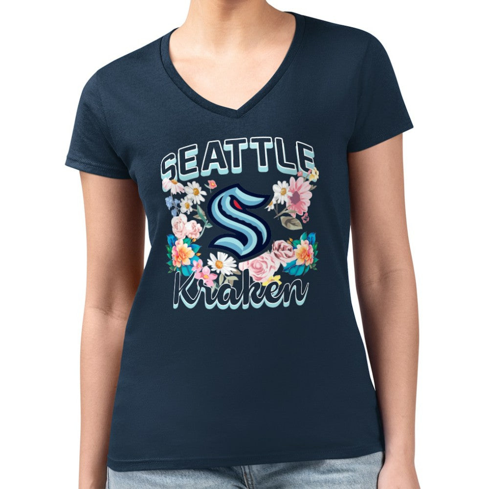Seattle Kraken G-III 4Her by Carl Banks Women's Super-Slim Fit Lightweight Flower Logo V-Neck T-Shirt - Navy | US 201906351