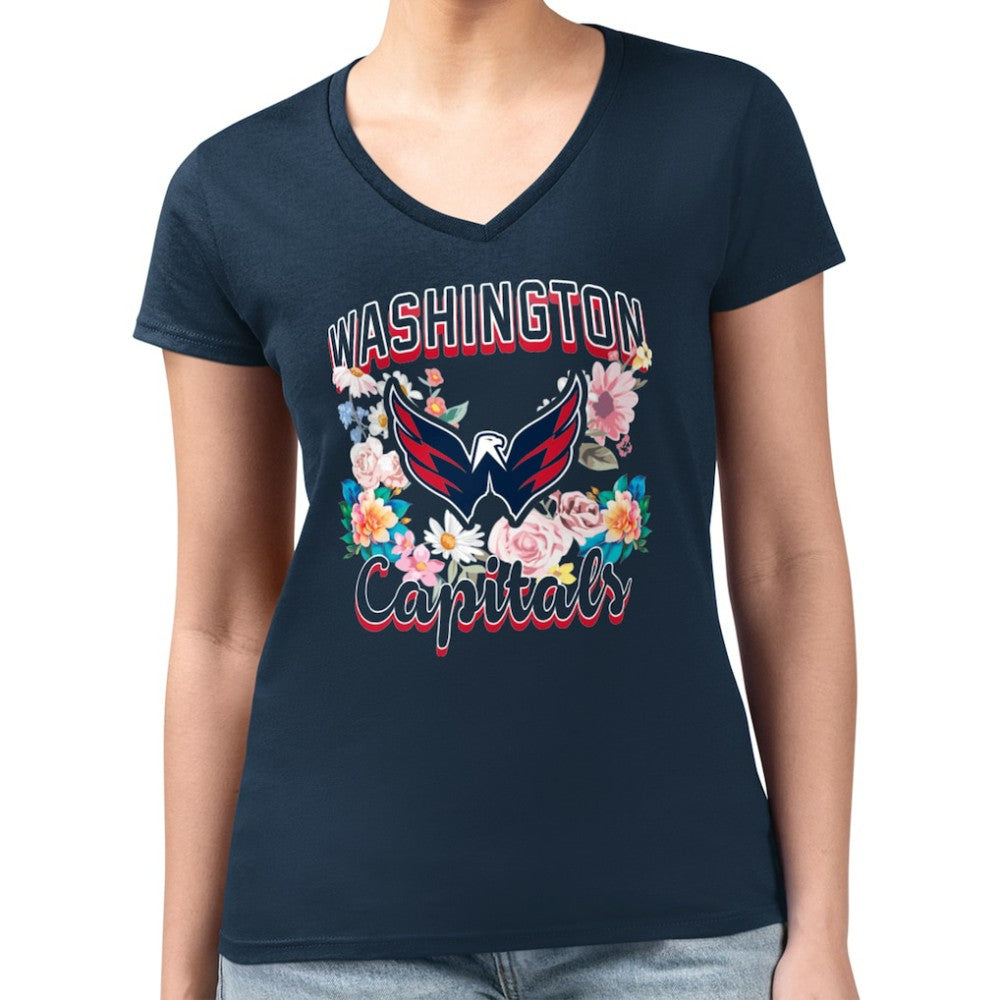 Washington Capitals G-III 4Her by Carl Banks Women's Super-Slim Fit Lightweight Flower Logo V-Neck T-Shirt - Navy | US 201906357