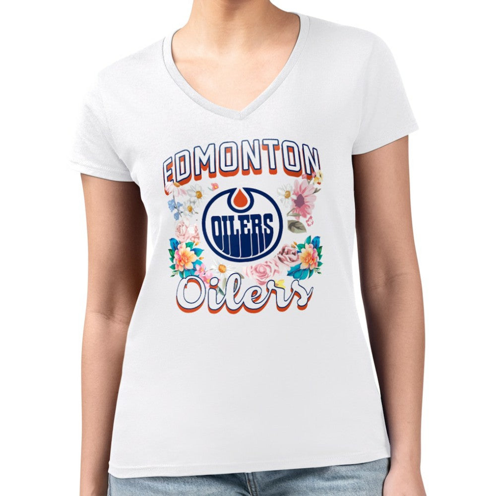 Edmonton Oilers G-III 4Her by Carl Banks Women's Super-Slim Fit Lightweight Flower Logo V-Neck T-Shirt - White | US 201906361