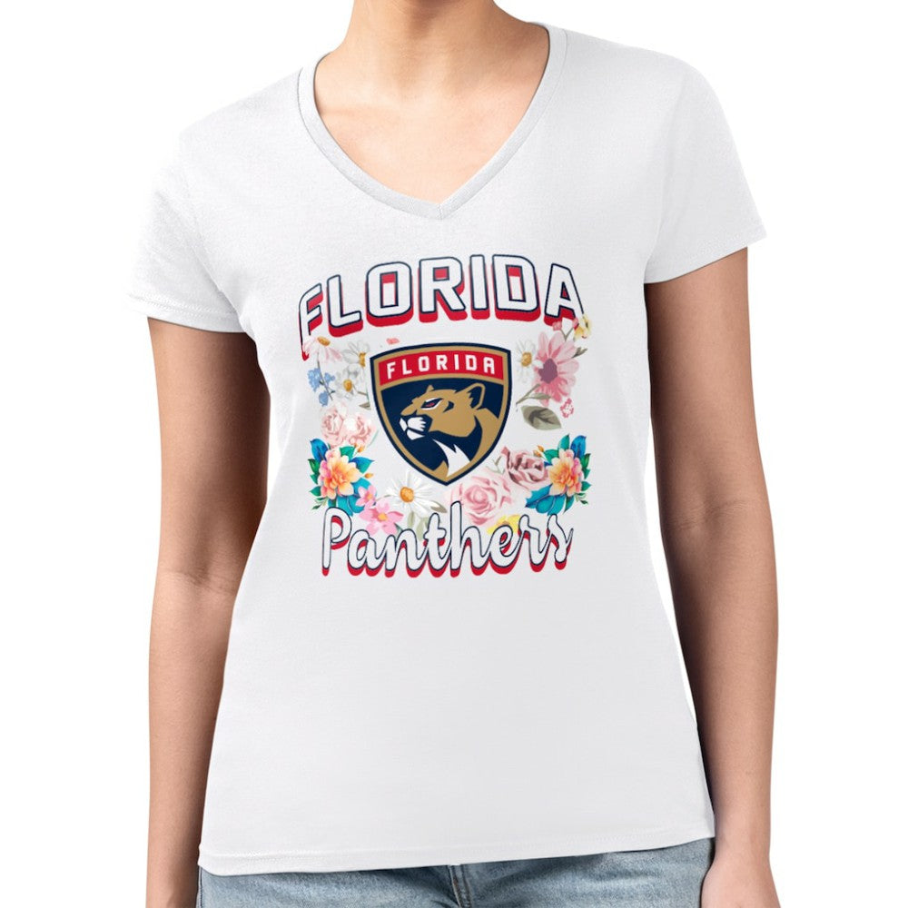 Florida Panthers G-III 4Her by Carl Banks Women's Super-Slim Fit Lightweight Flower Logo V-Neck T-Shirt - White | US 201906363