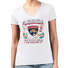 Florida Panthers G-III 4Her by Carl Banks Women's Super-Slim Fit Lightweight Flower Logo V-Neck T-Shirt - White | US 201906363
