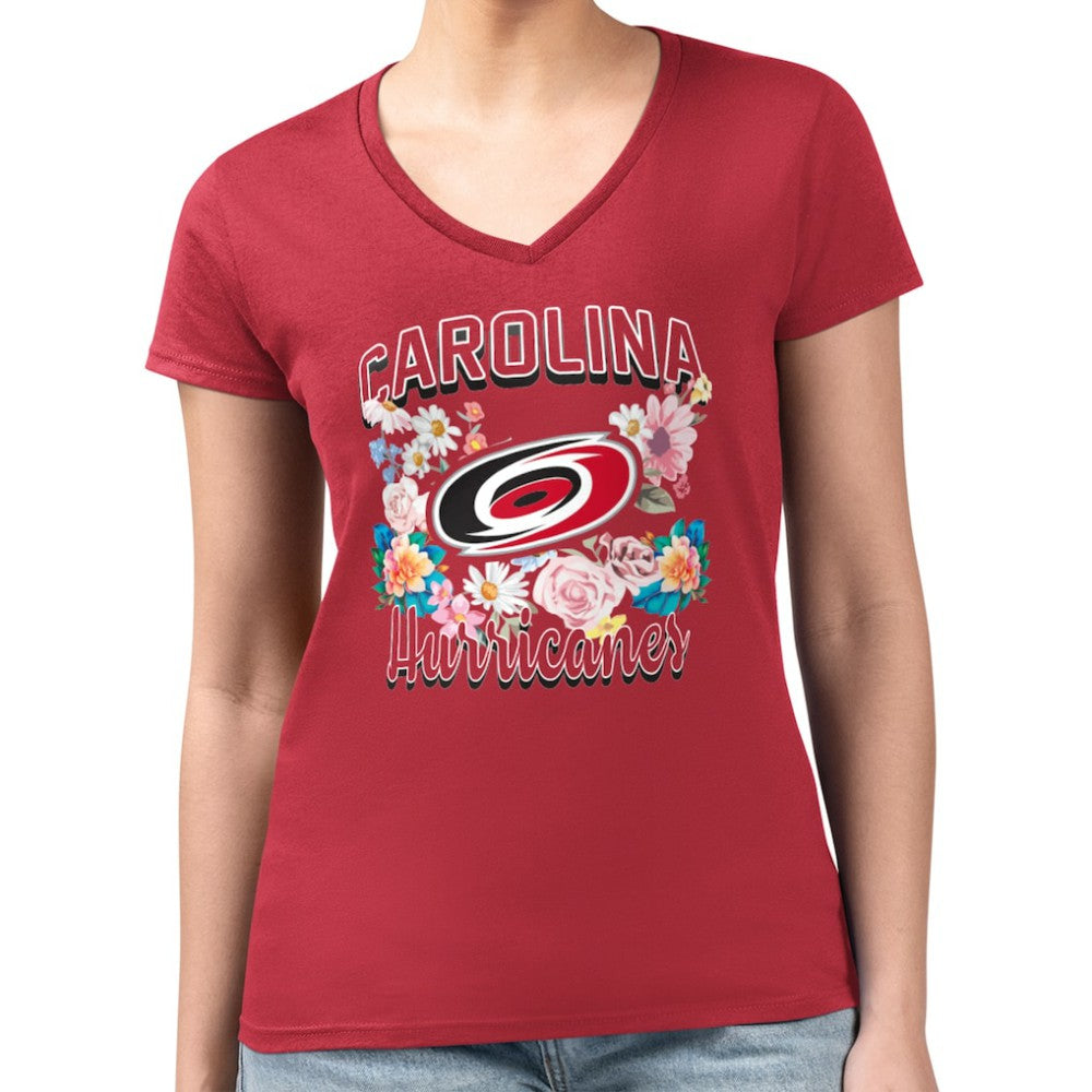 Carolina Hurricanes G-III 4Her by Carl Banks Women's Super-Slim Fit Lightweight Flower Logo V-Neck T-Shirt - Red | US 201906381