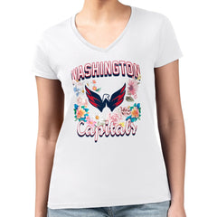 Washington Capitals G-III 4Her by Carl Banks Women's Super-Slim Fit Lightweight Flower Logo V-Neck T-Shirt - White | US 201906395