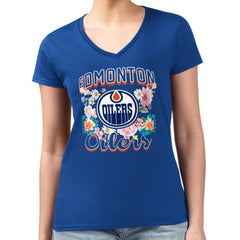 Edmonton Oilers G-III 4Her by Carl Banks Women's Super-Slim Fit Lightweight Flower Logo V-Neck T-Shirt - Royal | US 201906408