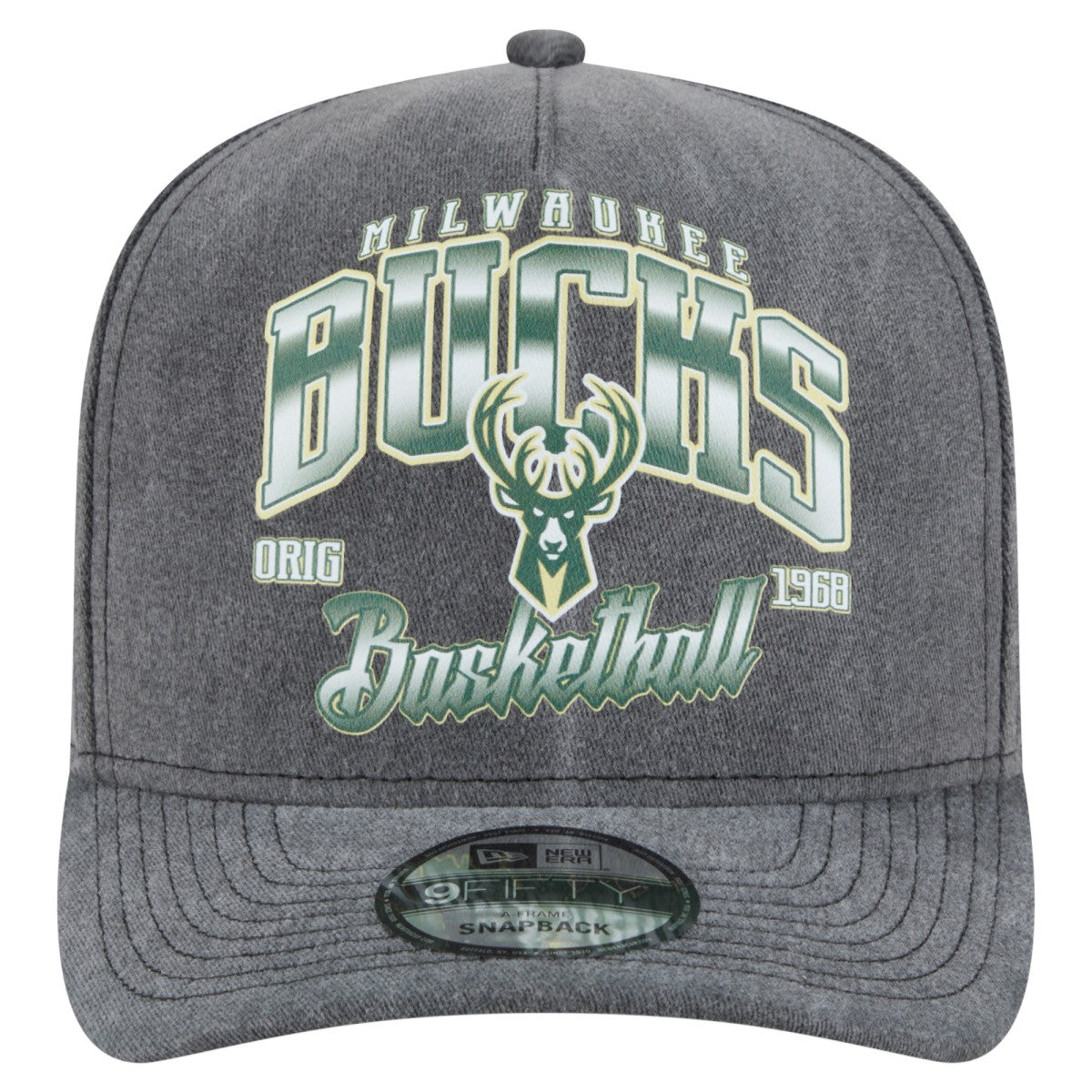 Milwaukee Bucks Throwback Washed Pre-Curved 9FIFTY Snapback Hat Charcoal - New Era