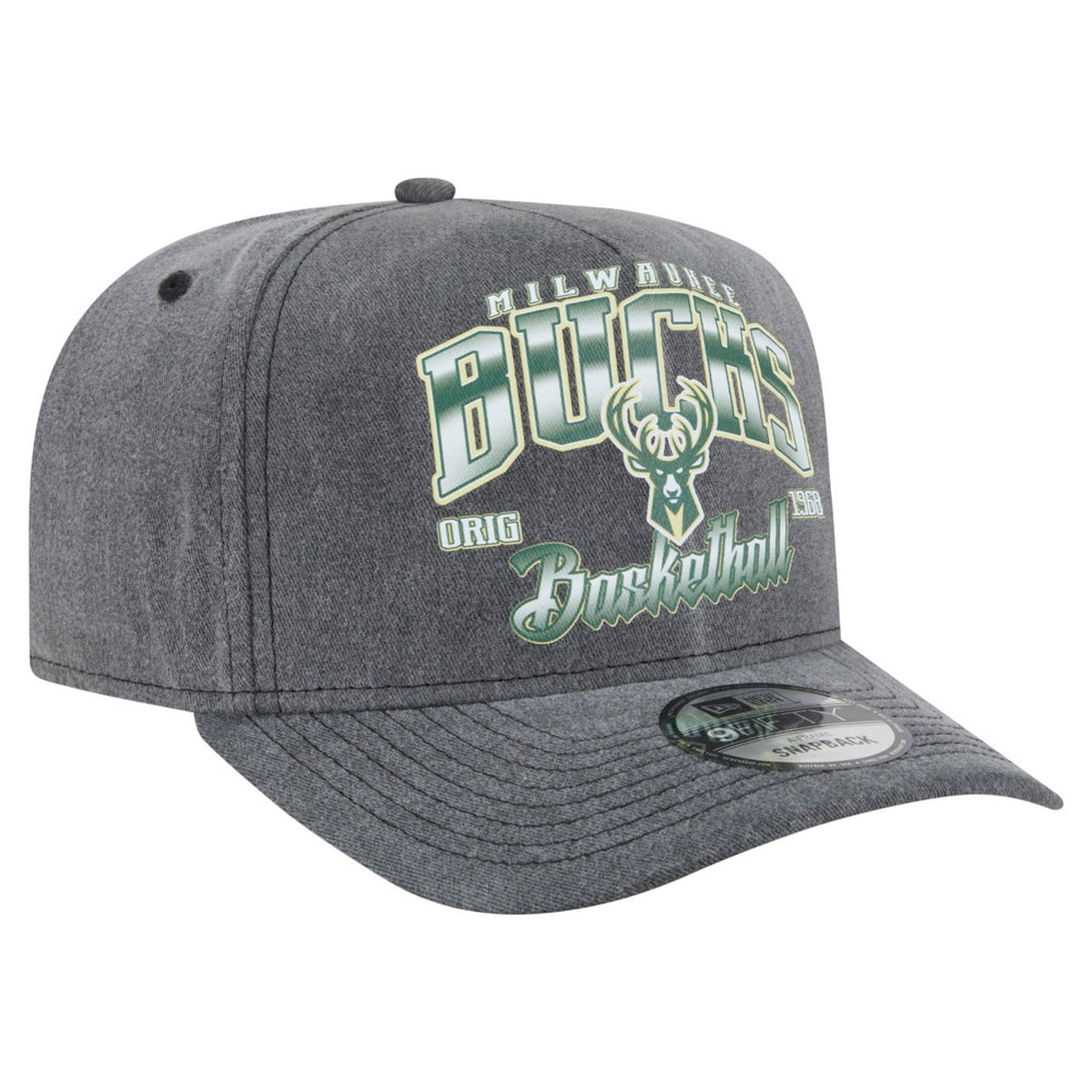 Milwaukee Bucks Throwback Washed Pre-Curved 9FIFTY Snapback Hat Charcoal - New Era