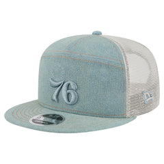 Philadelphia 76ers Adventure Denim Split Panel 9FIFTY Snapback Trucker Hat - New Era