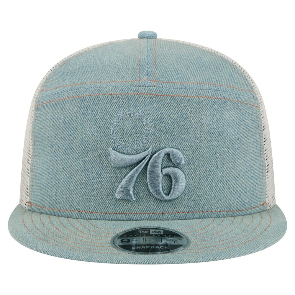 Philadelphia 76ers Adventure Denim Split Panel 9FIFTY Snapback Trucker Hat - New Era