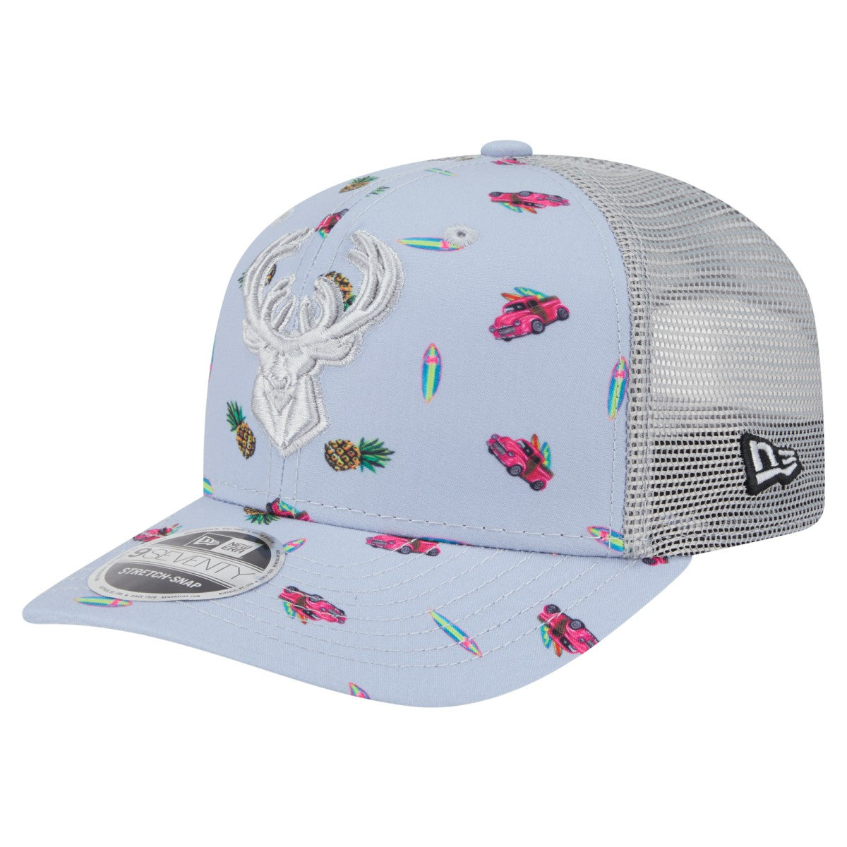 Milwaukee Bucks Adventure Aloha Pattern 9SEVENTY Stretch-Snap Hat Light Blue/Gray - New Era