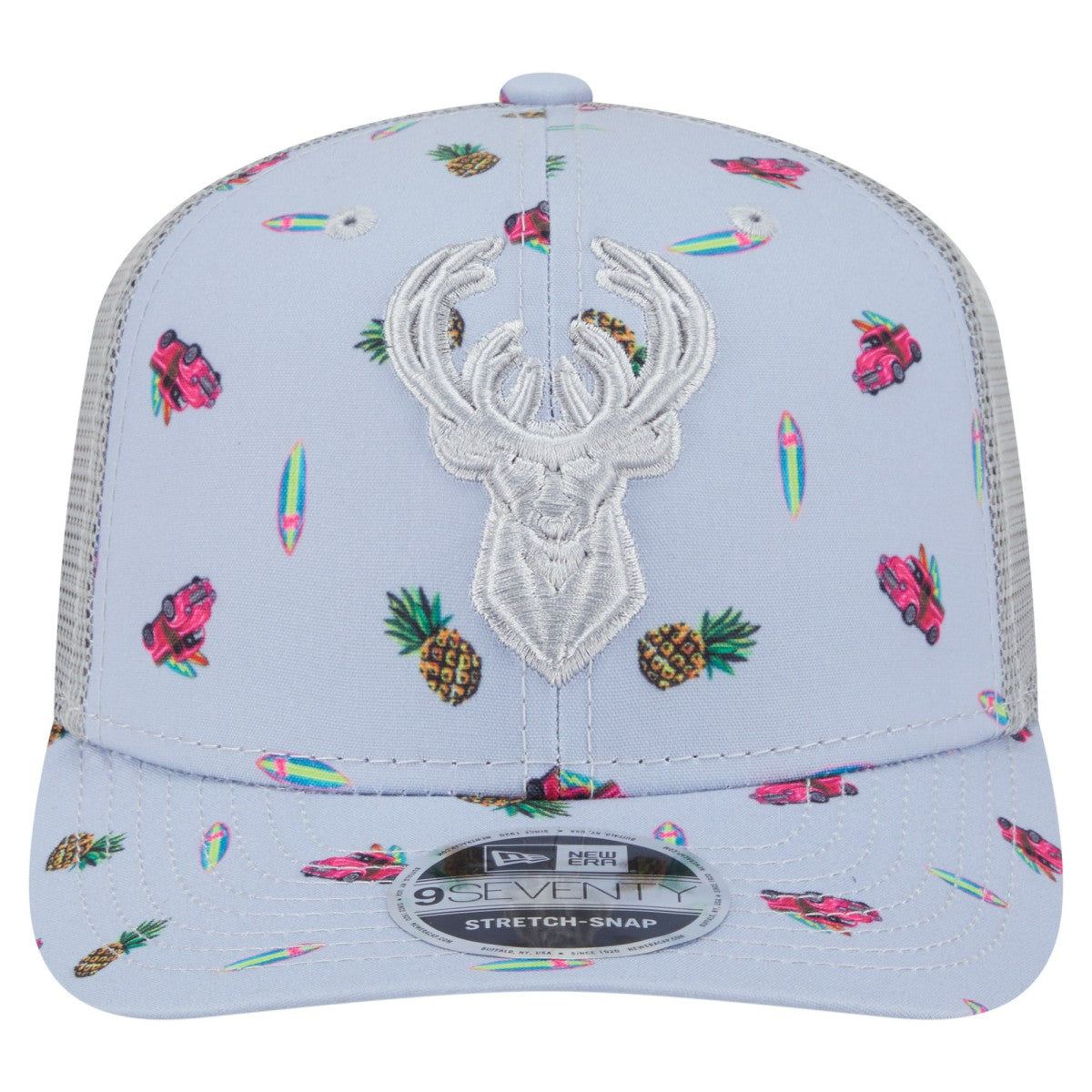Milwaukee Bucks Adventure Aloha Pattern 9SEVENTY Stretch-Snap Hat Light Blue/Gray - New Era