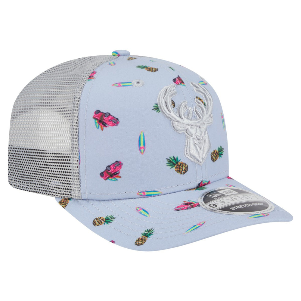 Milwaukee Bucks Adventure Aloha Pattern 9SEVENTY Stretch-Snap Hat Light Blue/Gray - New Era