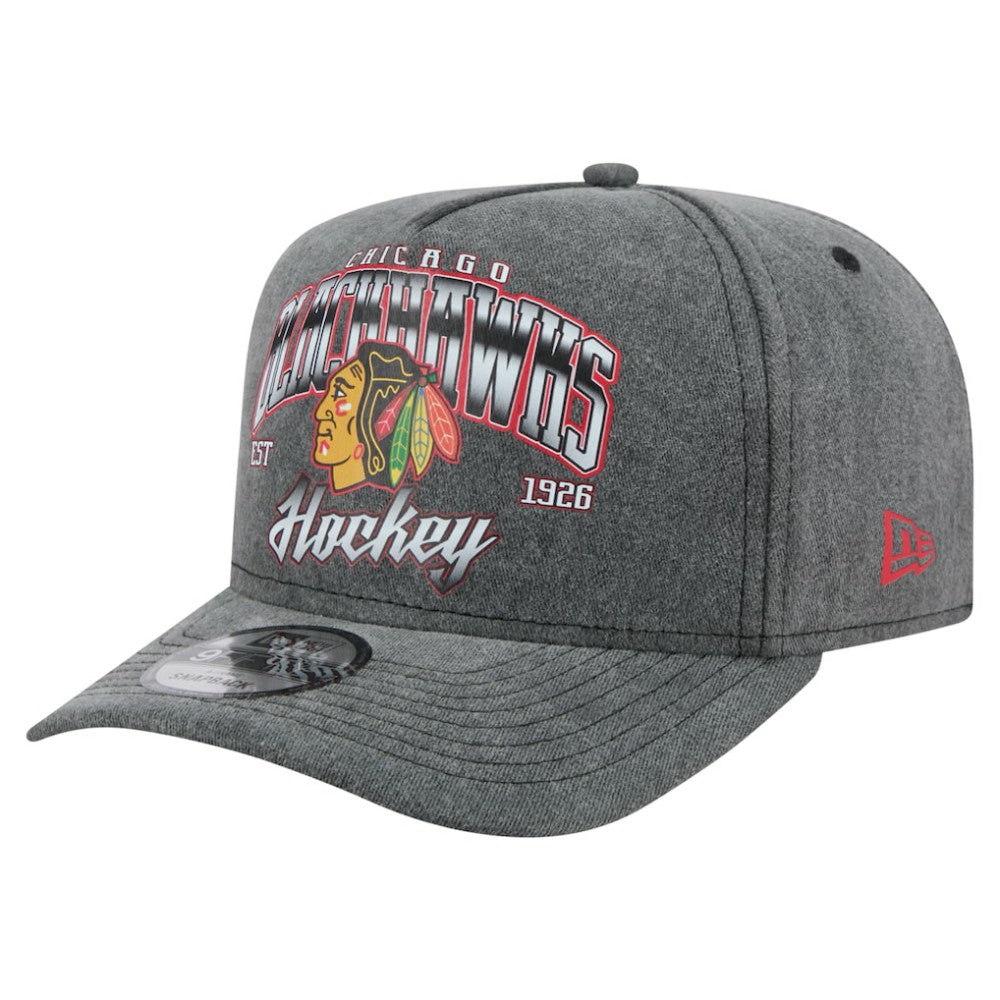 Chicago Blackhawks New Era Throwback Washed A-Frame Pre-Curved 9FIFTY Snapback Hat - Charcoal | US 201912315