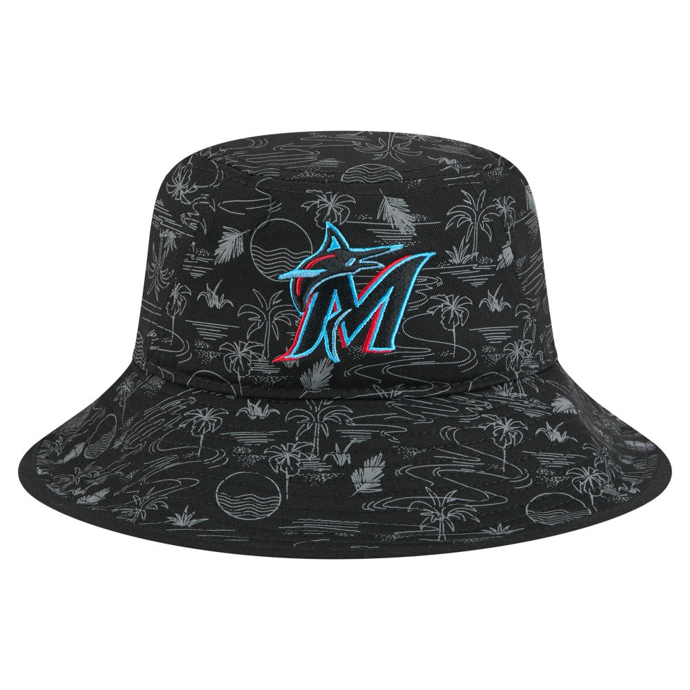 Miami Marlins New Era 2025 Spring Training All Over Print Bucket Hat - Black Hats