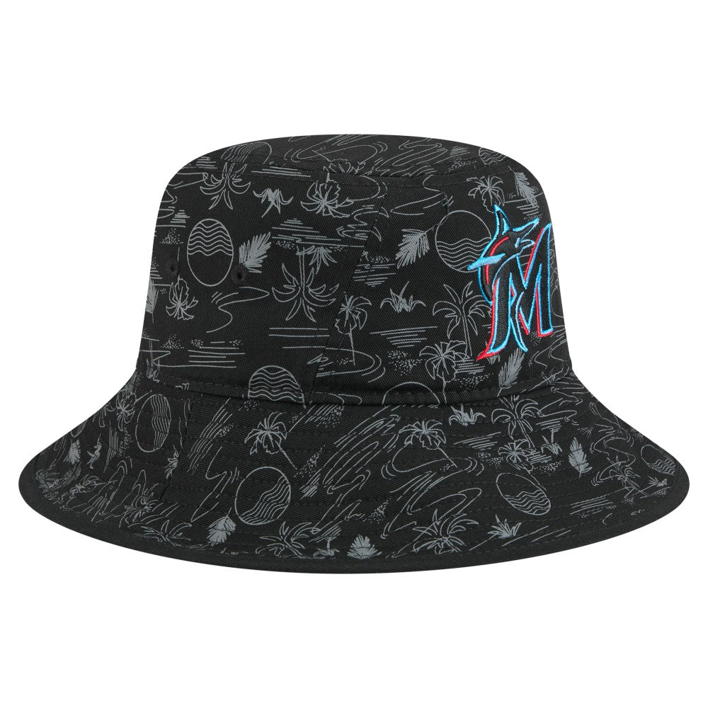 Miami Marlins New Era 2025 Spring Training All Over Print Bucket Hat - Black Hats