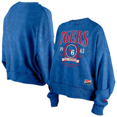 Philadelphia 76ers Women's Throwback Vintage Enzyme Wash Oversized Boxy Pullover Sweatshirt Royal - New Era