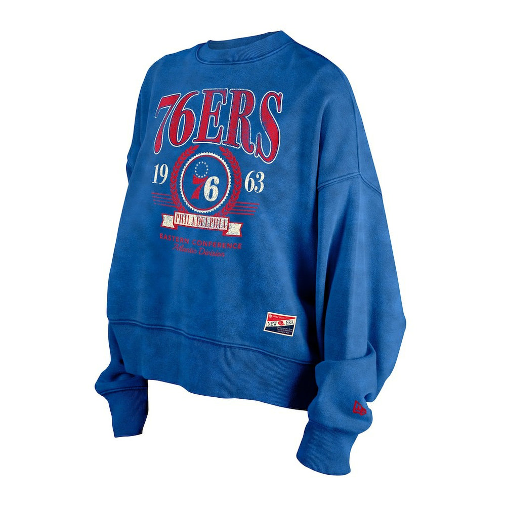 Philadelphia 76ers Women's Throwback Vintage Enzyme Wash Oversized Boxy Pullover Sweatshirt Royal - New Era
