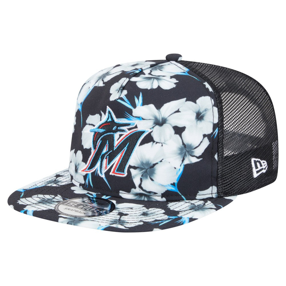 Miami Marlins New Era Adventure Pattern Golfer Trucker Snapback Hat - Black Hats