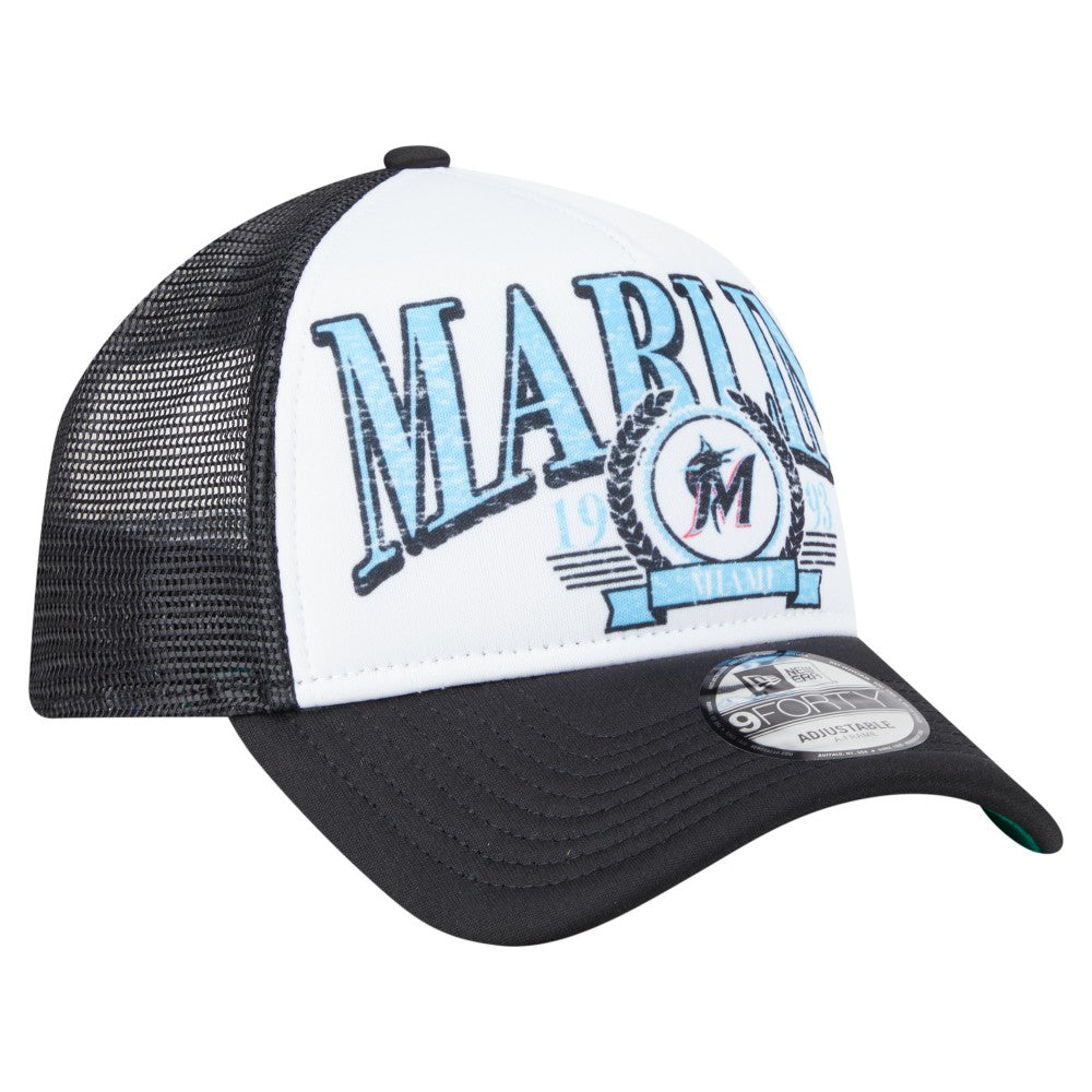 Miami Marlins New Era Distressed 9FORTY A-Frame Adjustable Trucker Hat - Black Hats