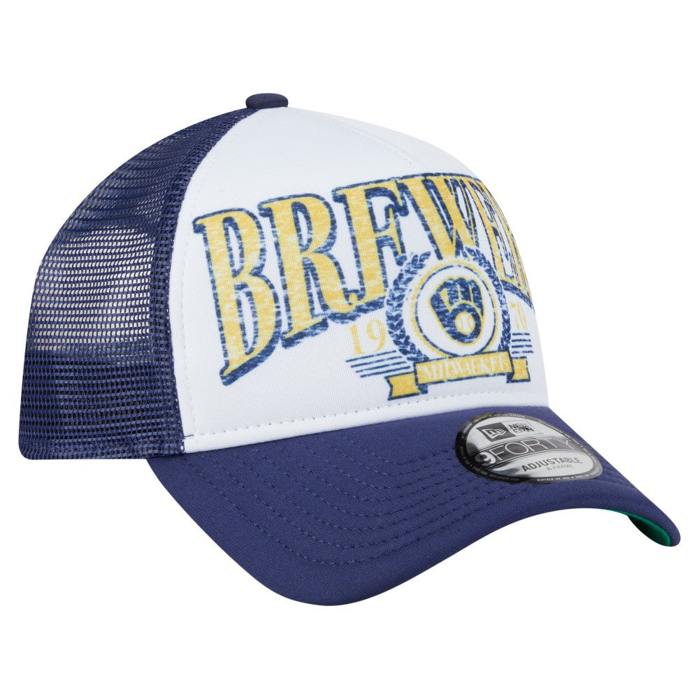 Milwaukee Brewers New Era Distressed 9FORTY A-Frame Adjustable Trucker Hat - White Hats