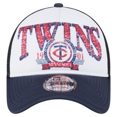 Minnesota Twins New Era Distressed 9FORTY A-Frame Adjustable Trucker Hat - White/Navy Hats