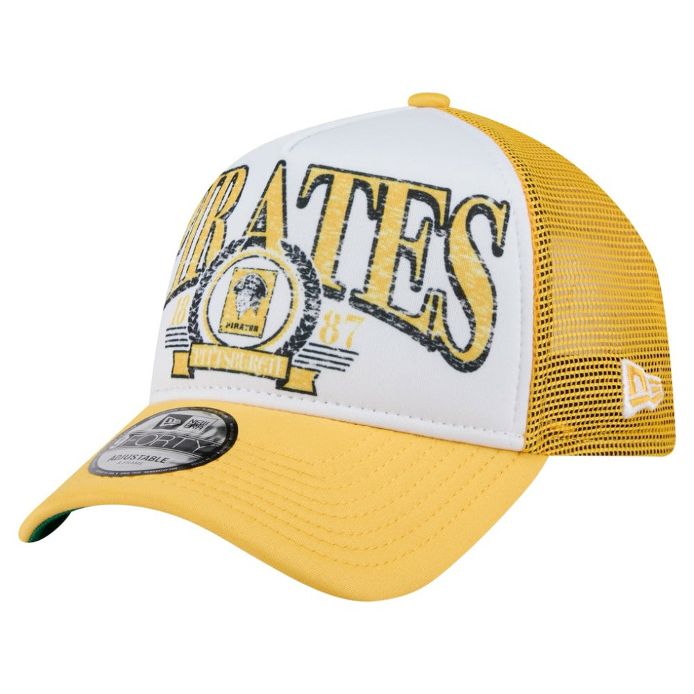 Pittsburgh Pirates New Era Distressed 9FORTY A-Frame Adjustable Trucker Hat - White/Gold Hats