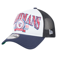 Cleveland Guardians New Era Distressed 9FORTY A-Frame Adjustable Trucker Hat - White/Navy Hats