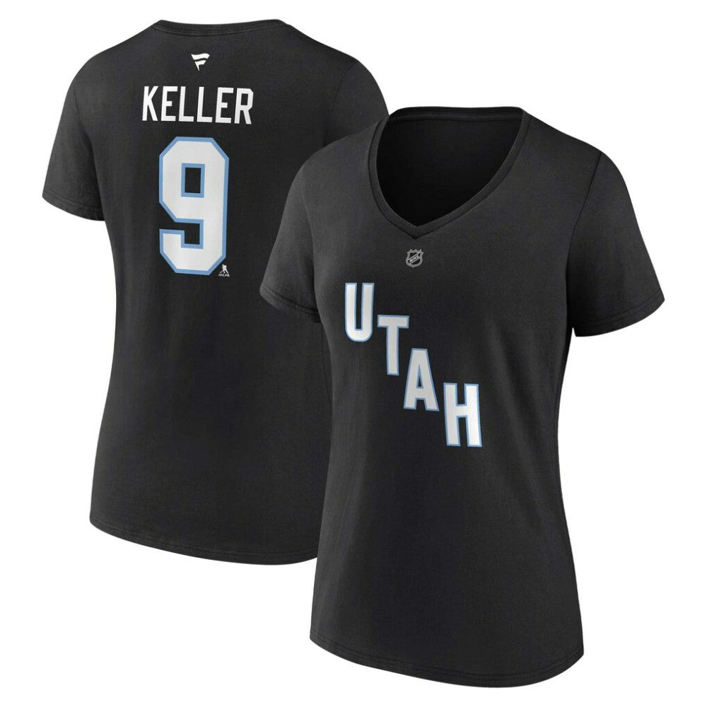 Clayton Keller Utah Mammoth Fanatics Women's Authentic Stack Name & Number V-Neck T-Shirt - Black | US 201926612