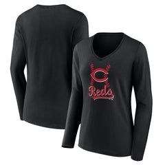 Cincinnati Reds Women's Fastball Long Sleeve V-Neck T-Shirt - Black T-shirts