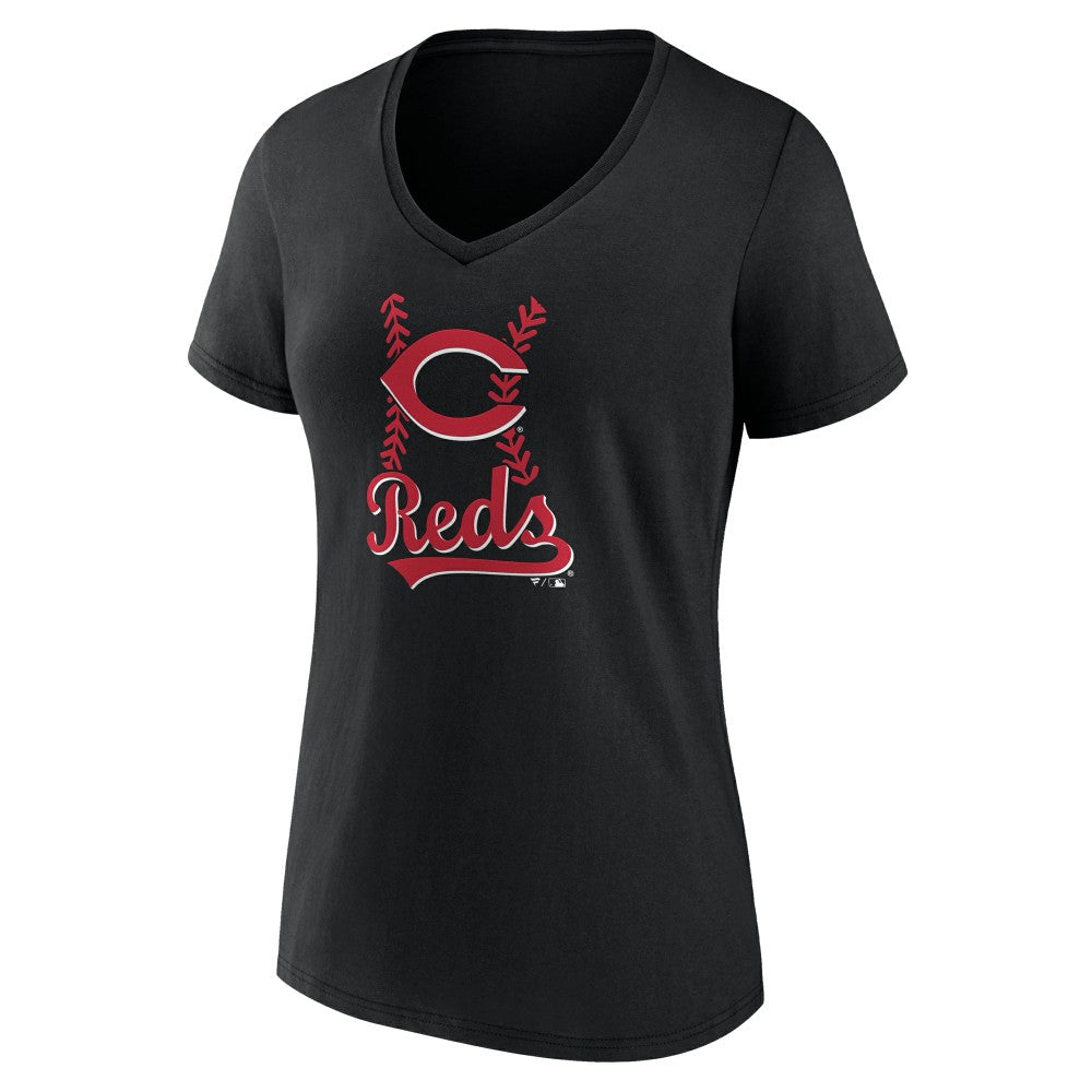 Cincinnati Reds Women's Fastball V-Neck T-Shirt - Black T-shirts