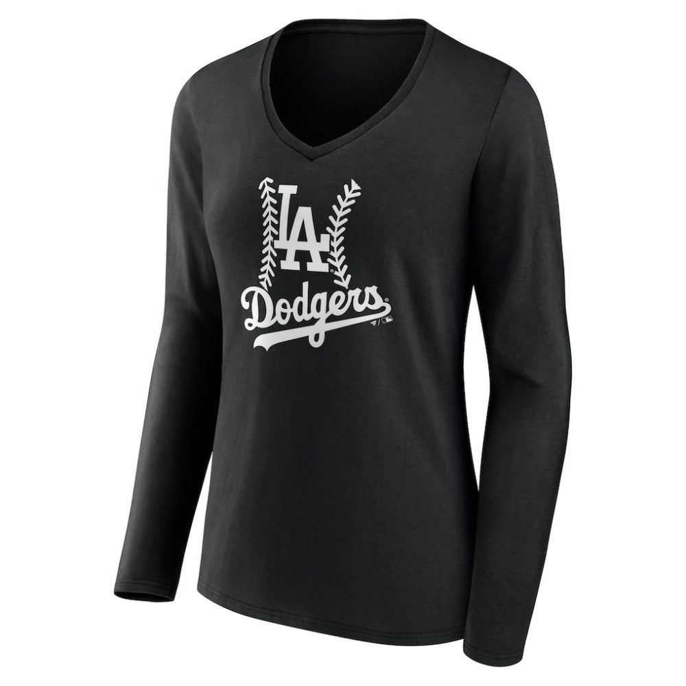 Los Angeles Dodgers Women's Fastball Long Sleeve V-Neck T-Shirt - Black T-shirts