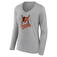 Baltimore Orioles Women's Fastball Long Sleeve V-Neck T-Shirt - Gray T-shirts
