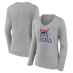 Chicago Cubs Women's Fastball Long Sleeve V-Neck T-Shirt - Gray T-shirts