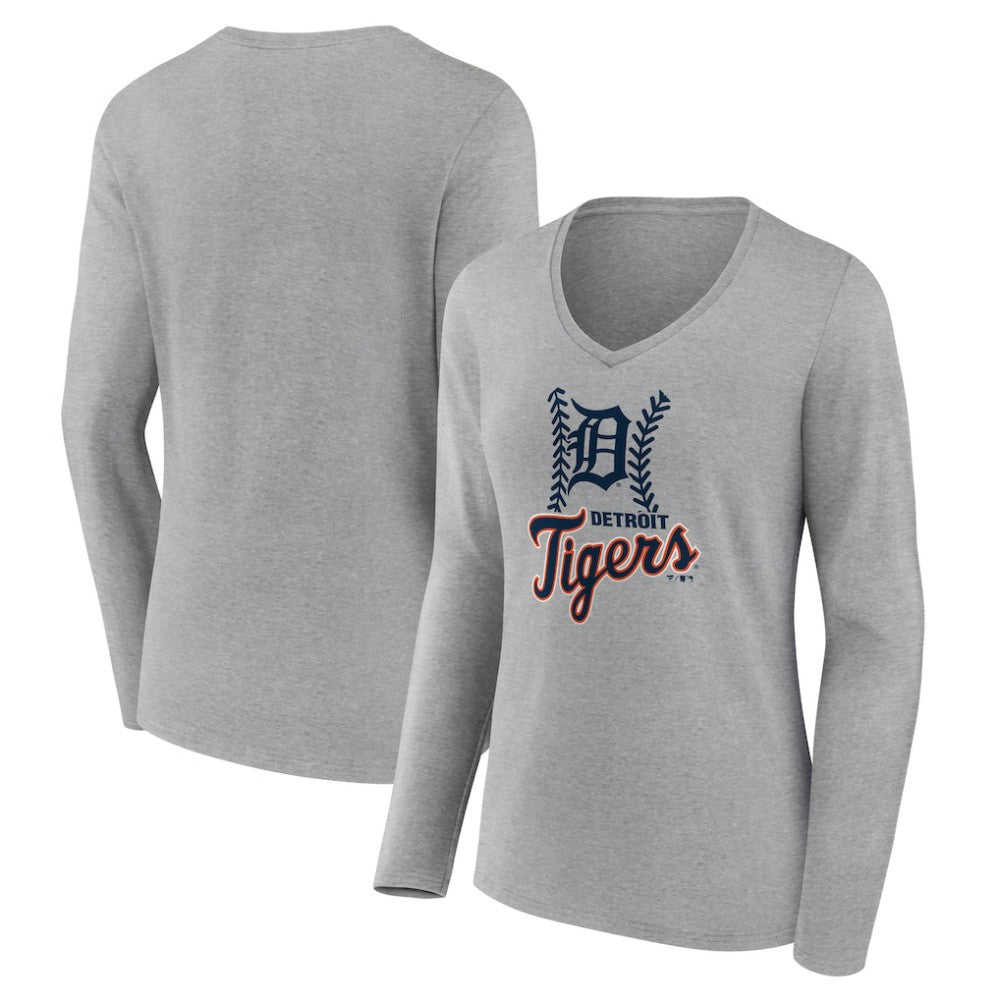 Detroit Tigers Women's Fastball Long Sleeve V-Neck T-Shirt - Gray T-shirts