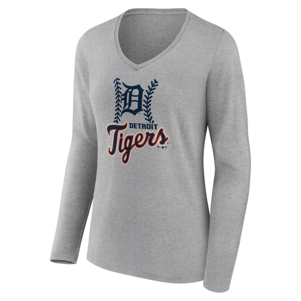 Detroit Tigers Women's Fastball Long Sleeve V-Neck T-Shirt - Gray T-shirts